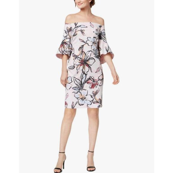 NWT Laundry by Shelli Segal Off Shoulder Blush Floral Print Jacquard Dress Sz 10 - Picture 1 of 13
